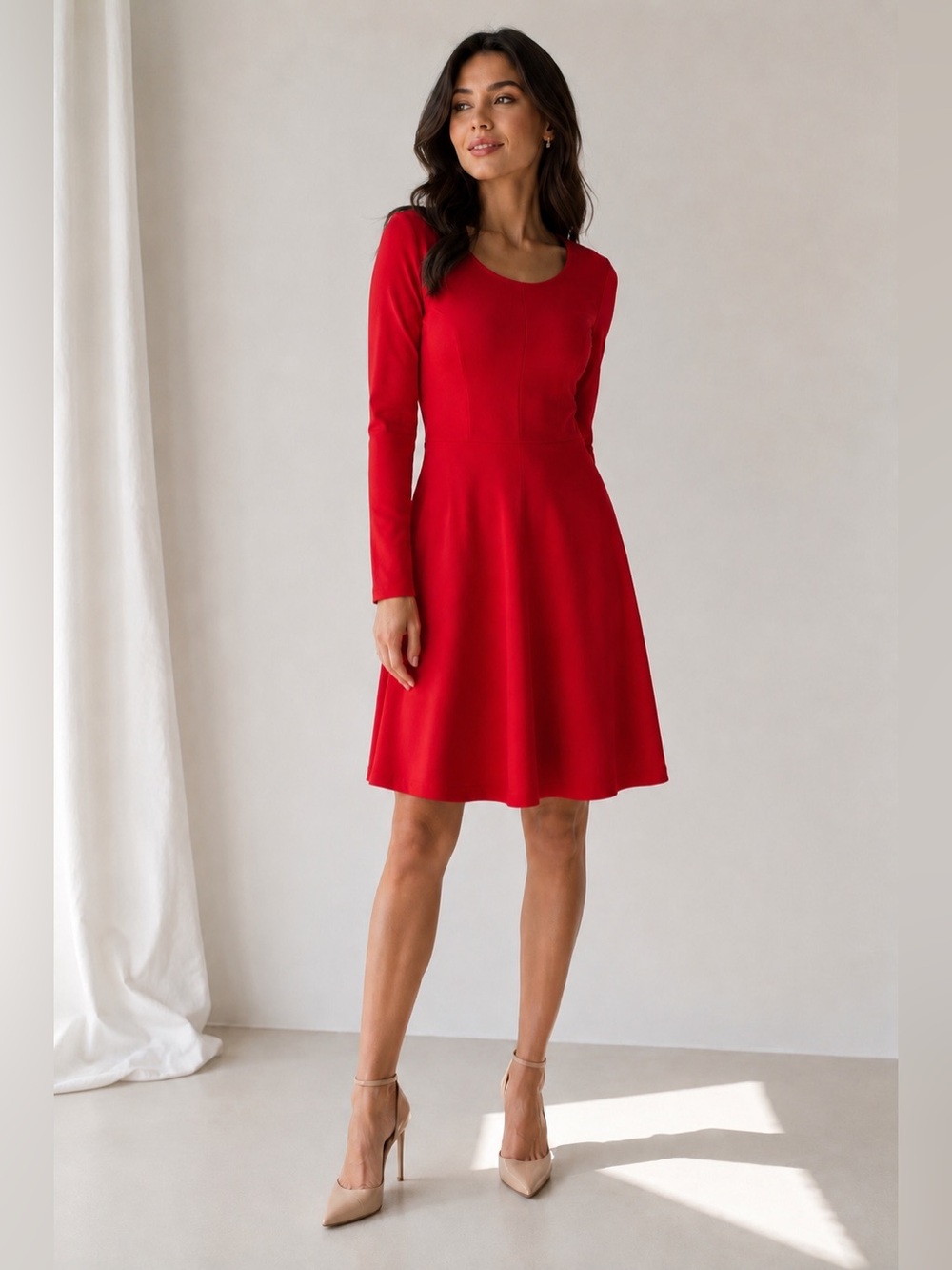 Metaphor Red Long-Sleeve Fit-and-Flare Midi Dress